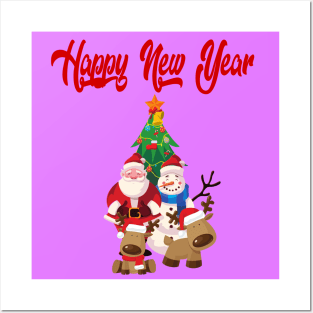 new year illustration with Santa Claus, snowman and reindeer Posters and Art